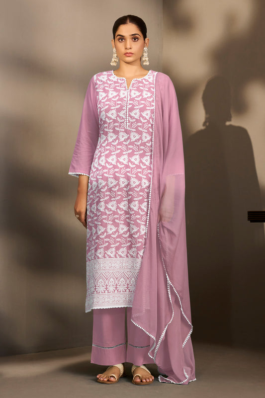 Rust Pure Cotton Schiffli Embroidered Straight Kurta Set with Cotton Pants, Inner & Najmin Chiffon Dupatta