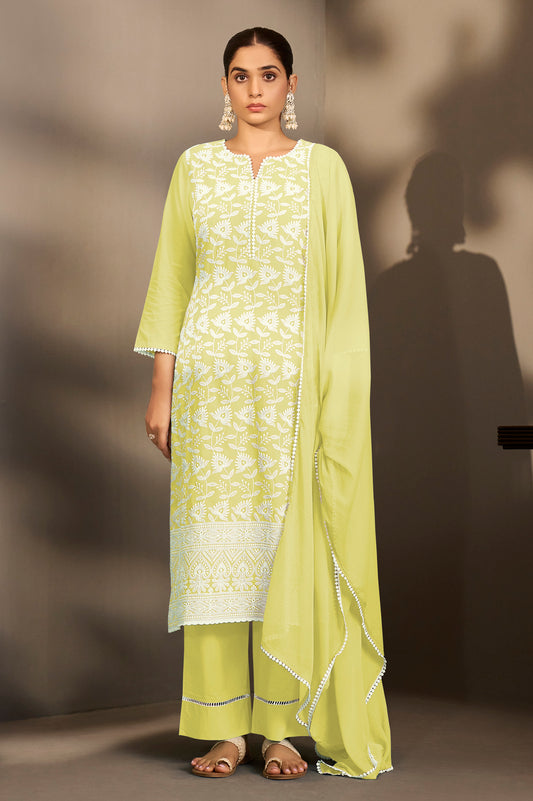 Yellow Pure Cotton Schiffli Embroidered Straight Kurta Set with Cotton Pants, Inner & Najmin Chiffon Dupatta