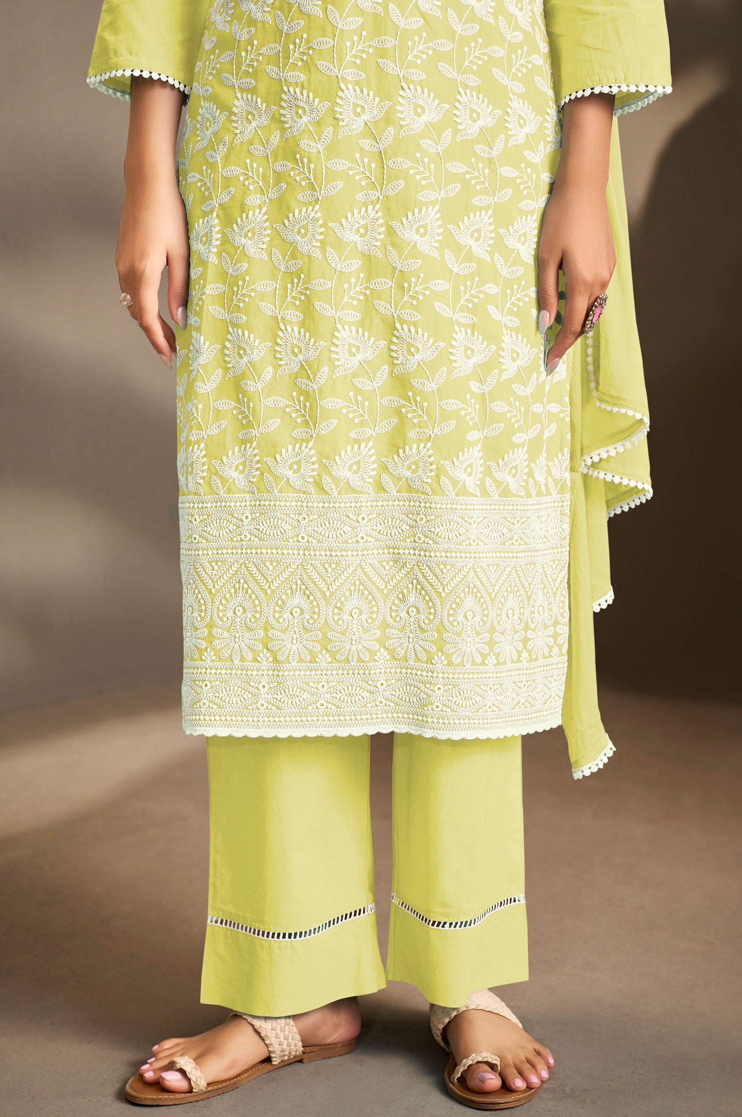 Yellow Pure Cotton Schiffli Embroidered Straight Kurta Set with Cotton Pants, Inner & Najmin Chiffon Dupatta