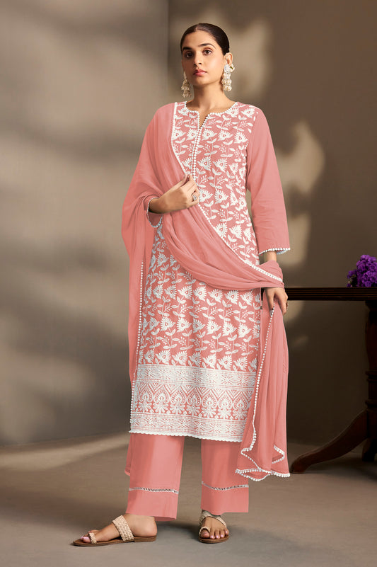 Peach Pure Cotton Schiffli Embroidered Straight Kurta Set with Cotton Pants, Inner & Najmin Chiffon Dupatta