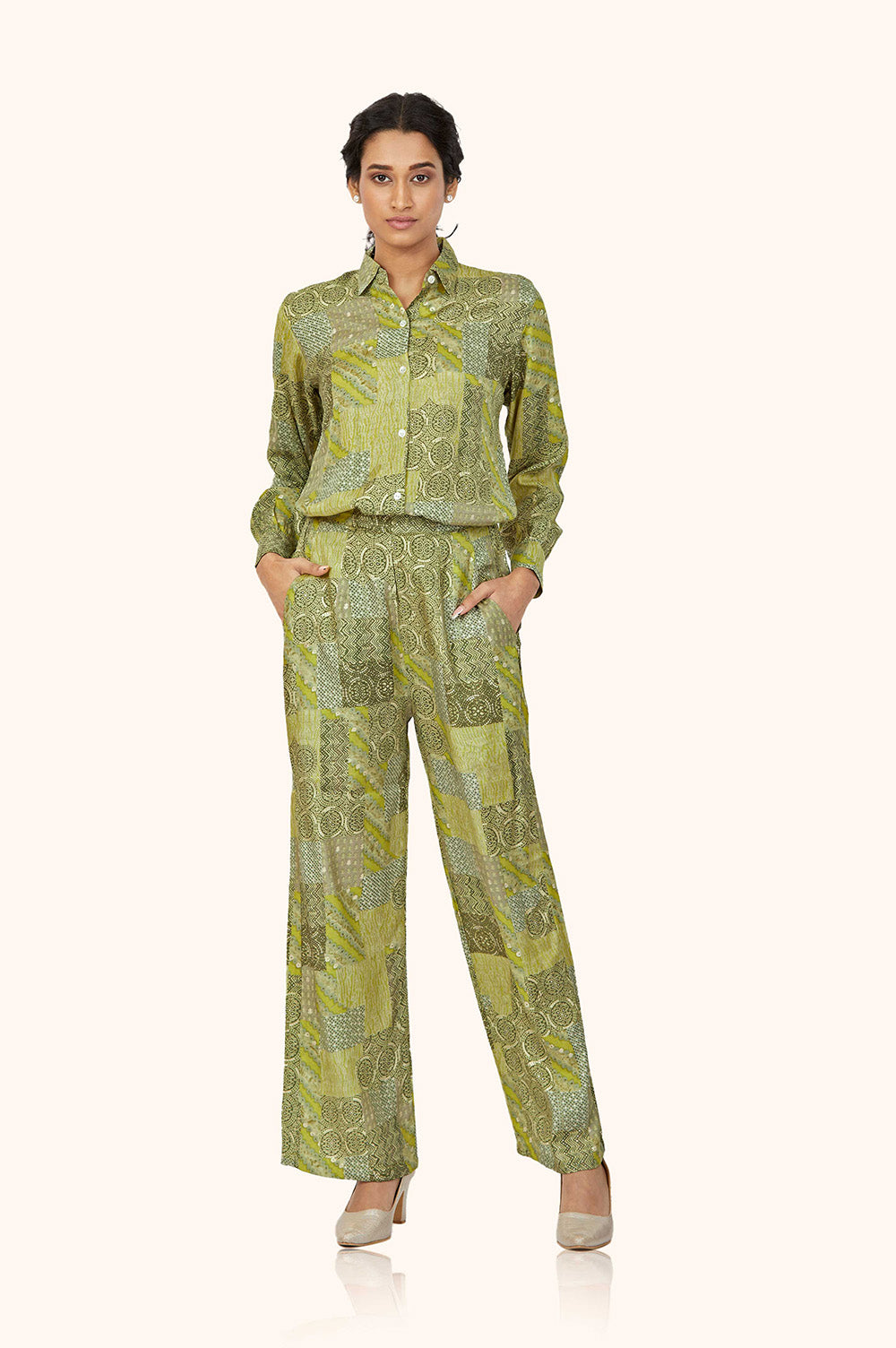 Green Foil Print Rayon Shirt-Pant Co-ord