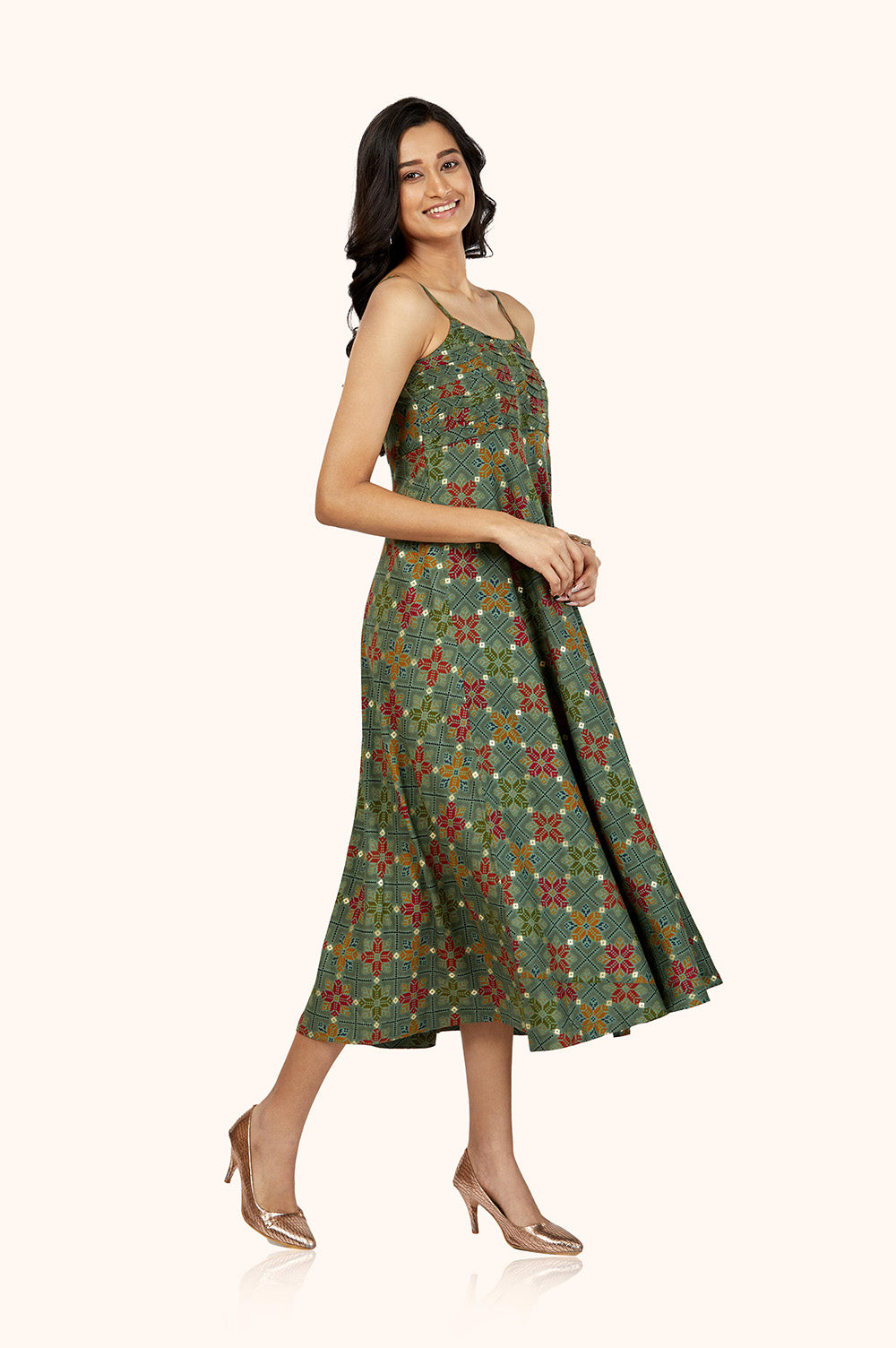 Earthy Green Foil Print Midi Dress