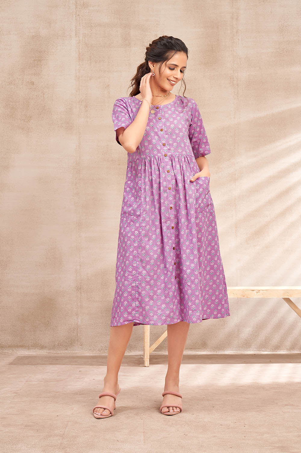 Cotton Button-Down Lavender Short Dress