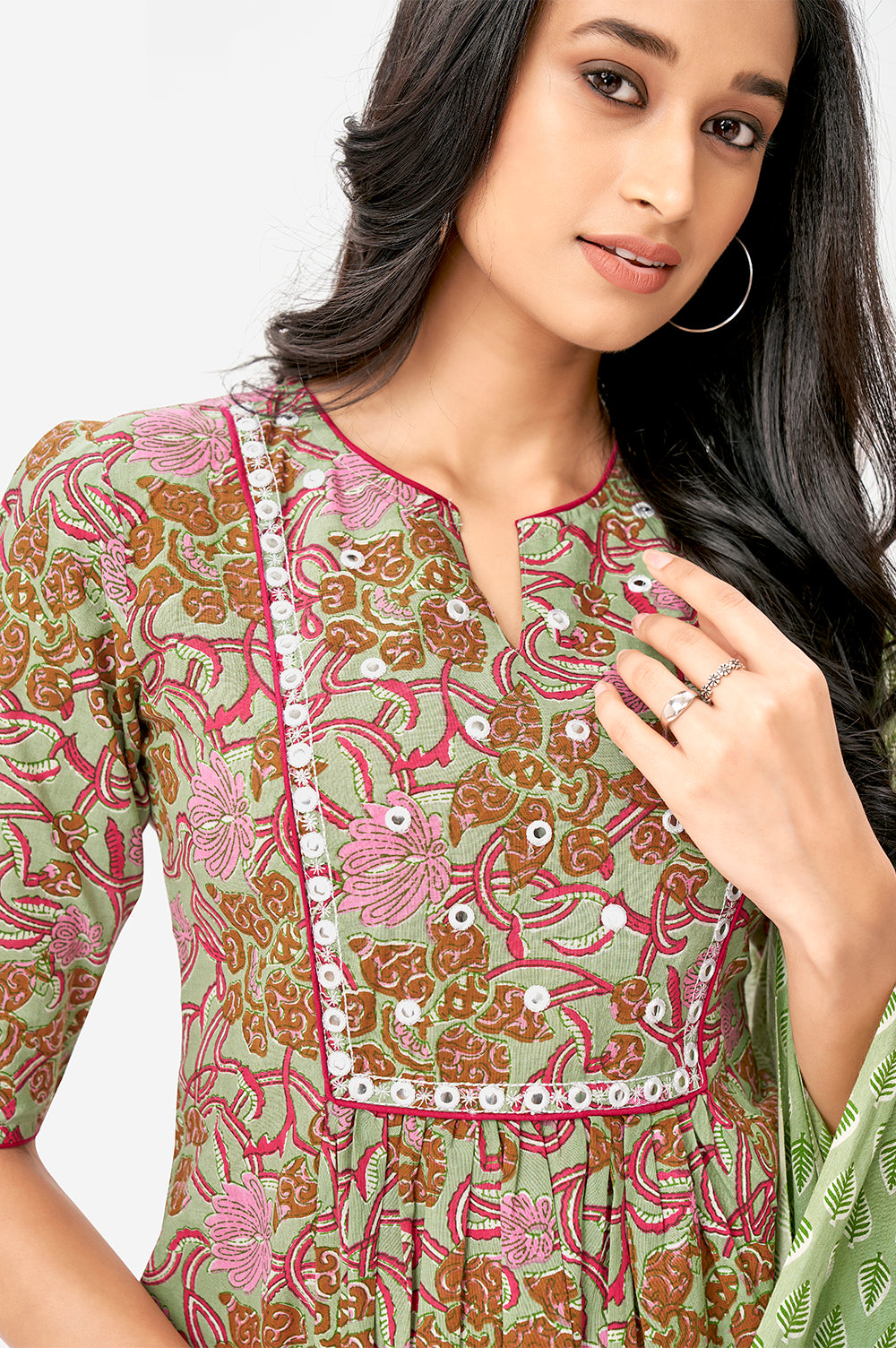 Green Floral Print Cotton A-line Kurta Set With Dupatta
