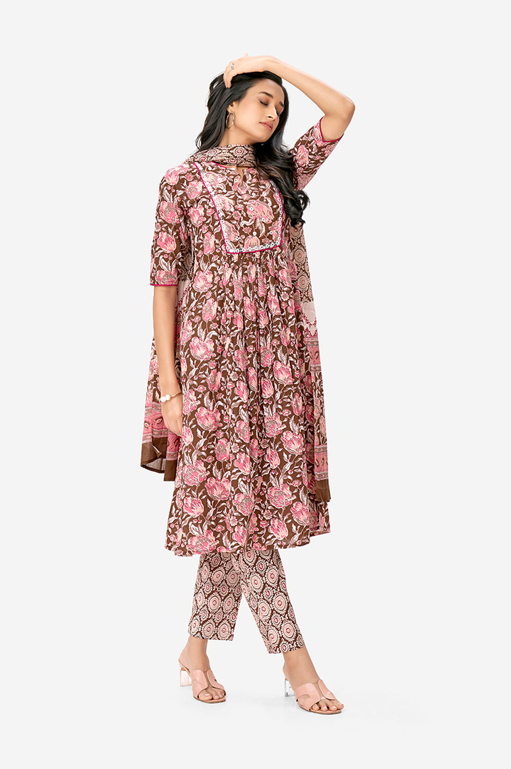 Maroon Floral Print A-line Kurta Set With Dupatta