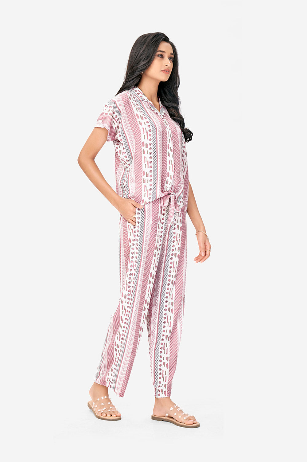 Pink and White Aztec Print Polyster Co-Ord Set