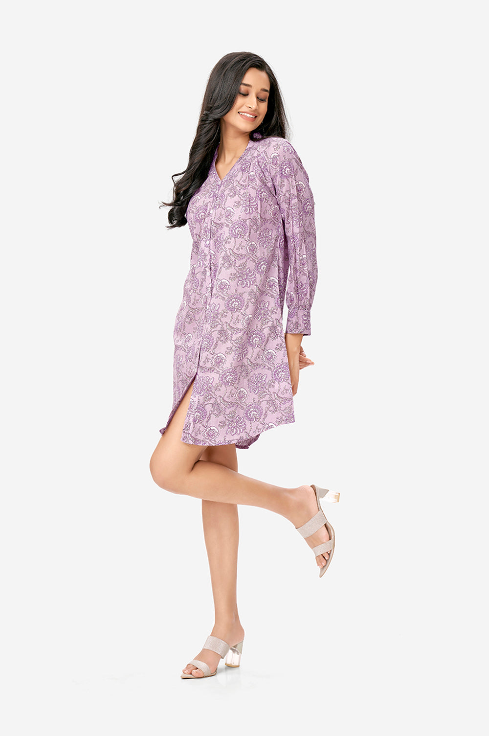 Mauve Purple Ethnic Floral Print Cotton Long Tunic