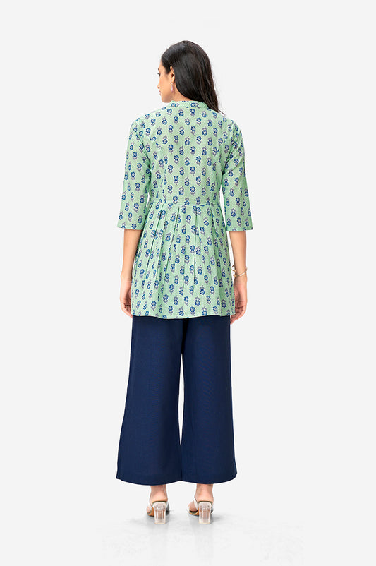 Sea Green Cotton Printed Short Floral Flared Top