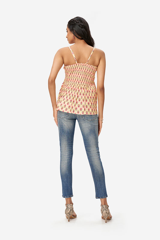 Lime Yellow Lotus Print Peplum Top