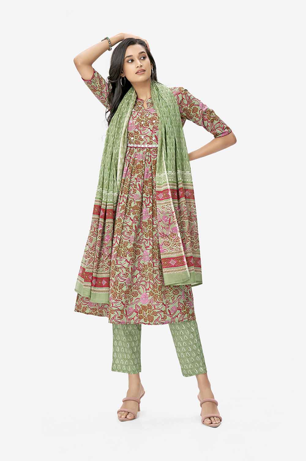 Green Floral Print Cotton A-line Kurta Set With Dupatta