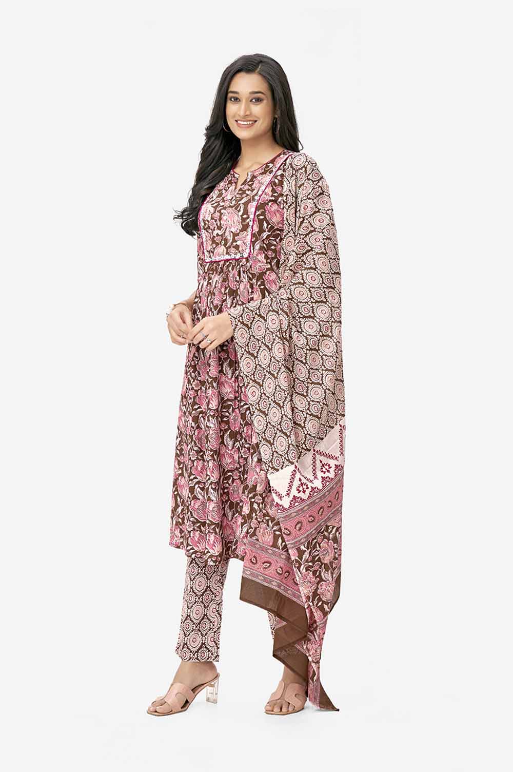 Maroon Floral Print A-line Kurta Set With Dupatta