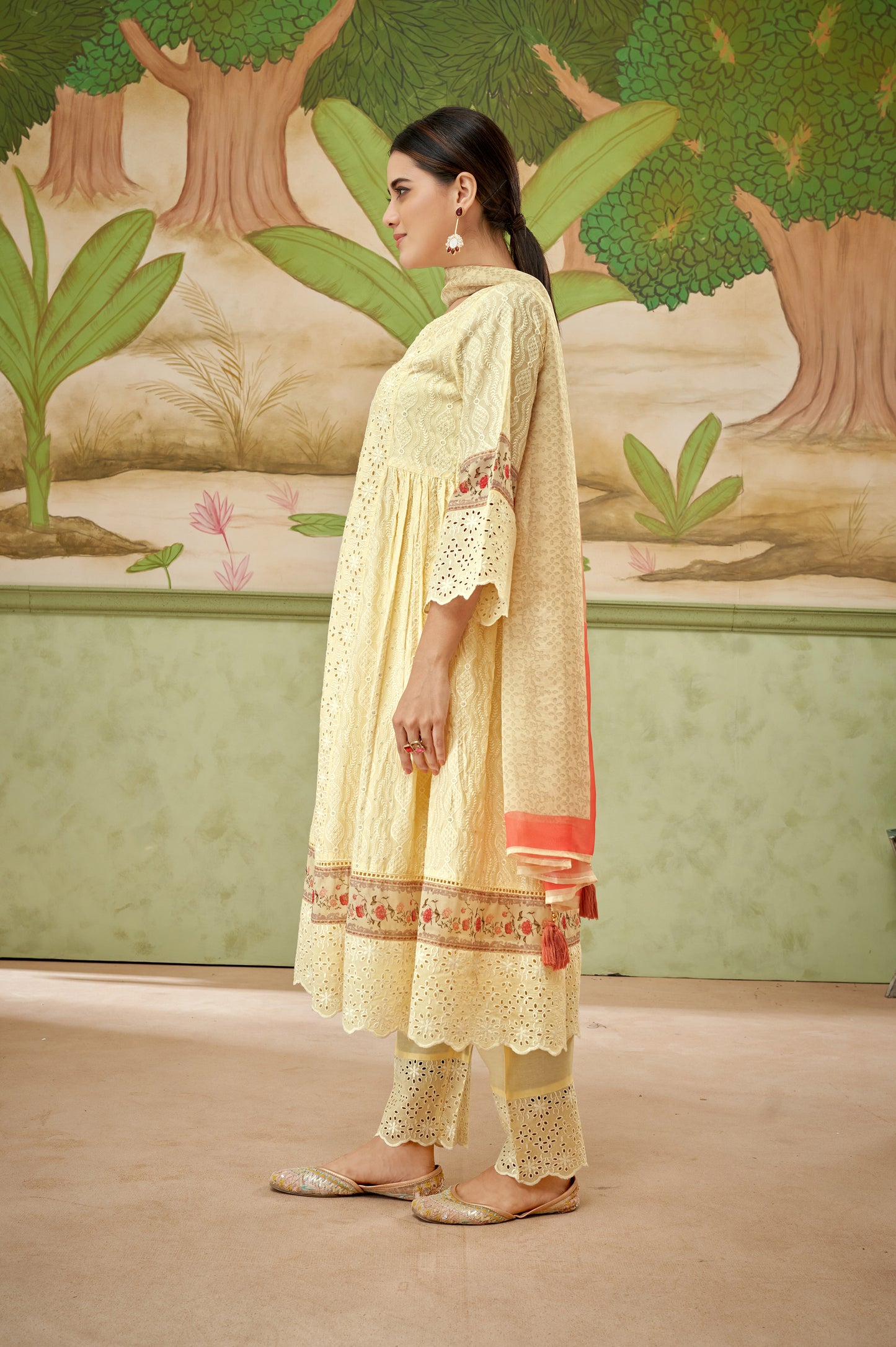 Light Yellow Floral Schiffli Work Kurta Set