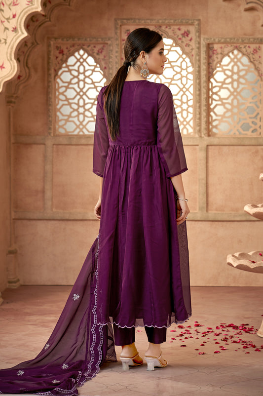 Wine Embroidered Organza Kurta Set with Dupatta