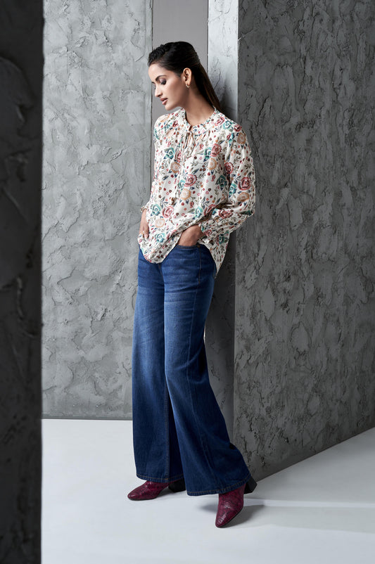 Off White Floral Print Regular Fit Muslin Top
