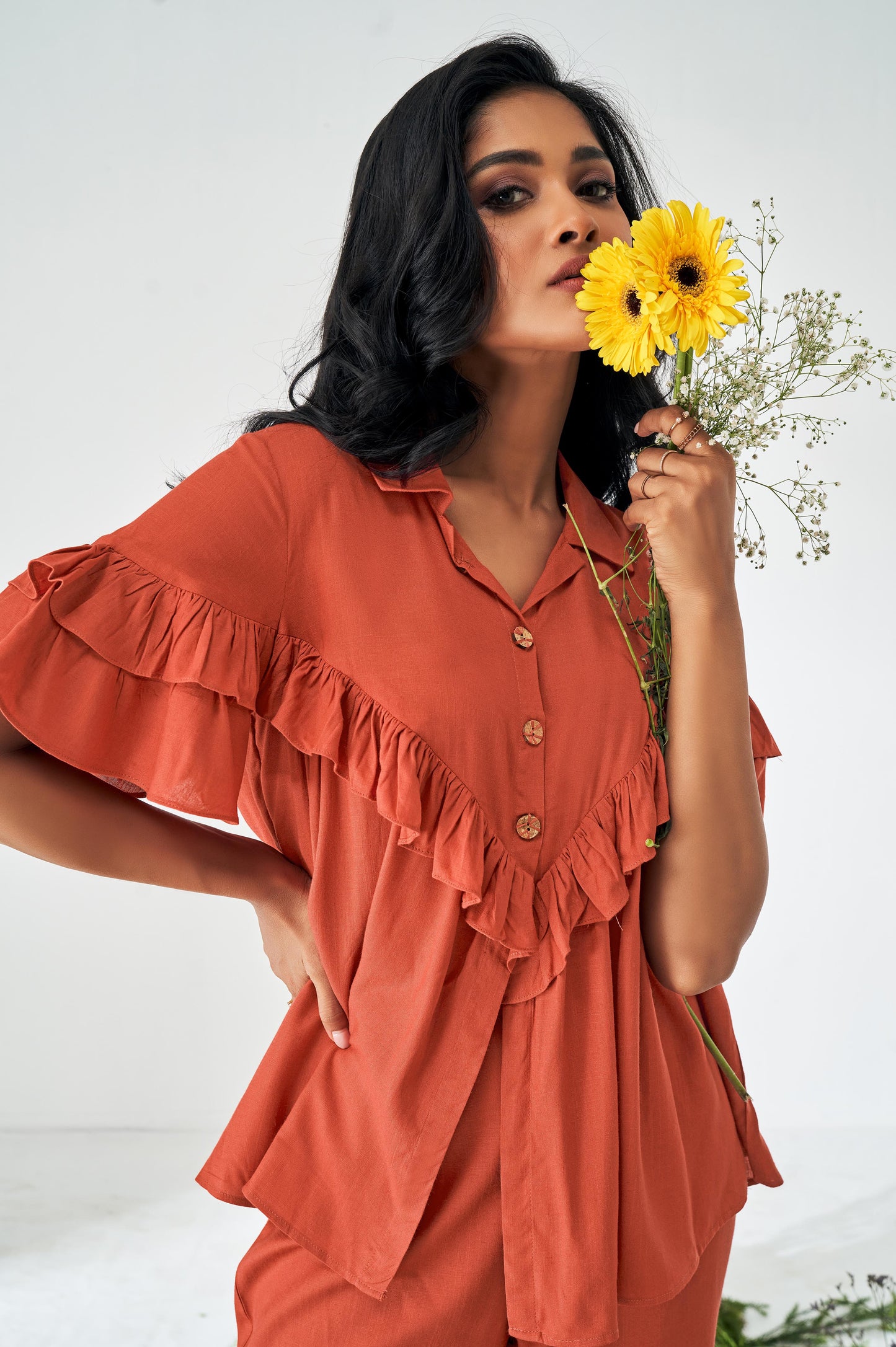 Orange Ruffle Top and Pants Co-ord Set