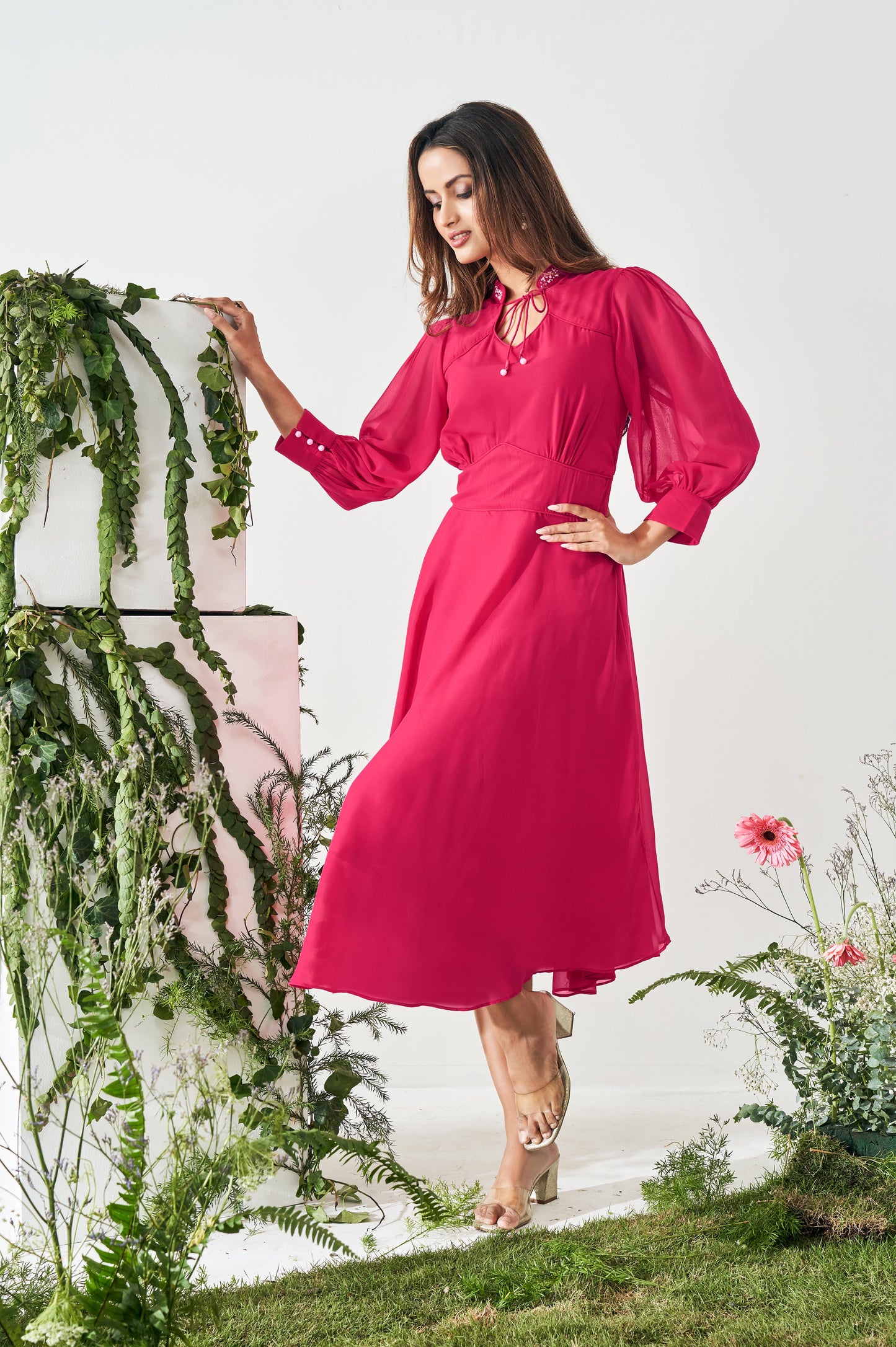 Bright Pink Fit and Flared Smoking Dress