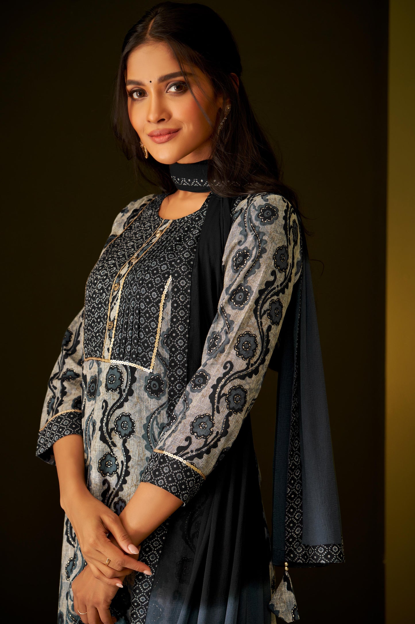 Black Ethnic Print Kurta Set with Dupatta