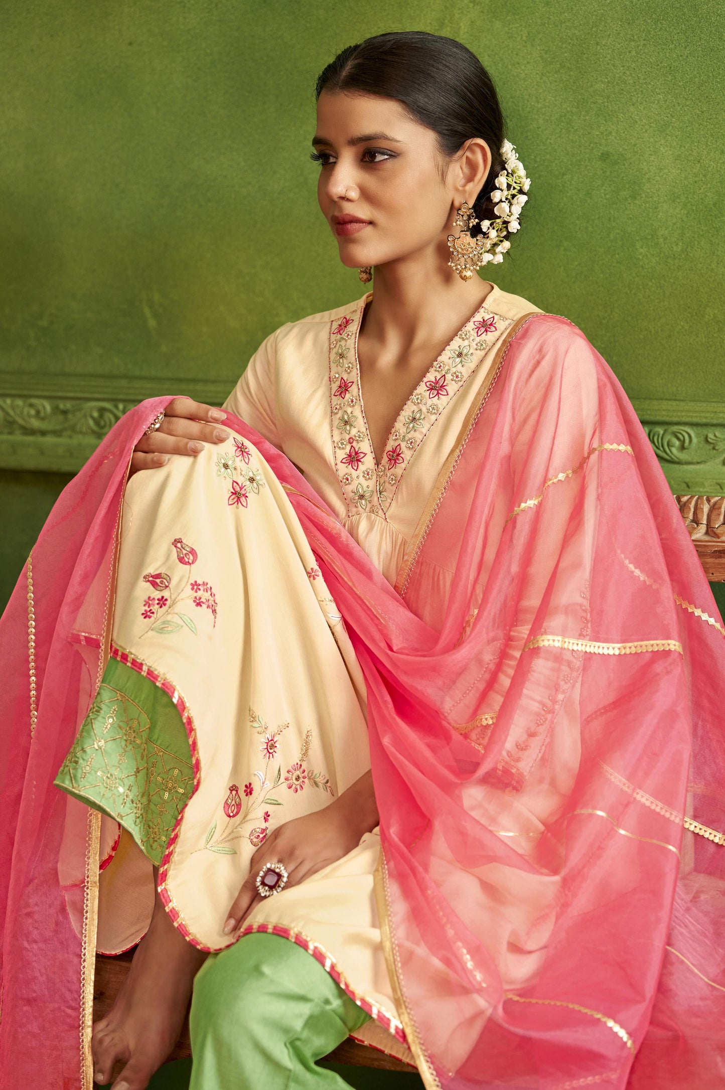 White Embroidered Flared Kurta Set with Pink Embellished Dupatta