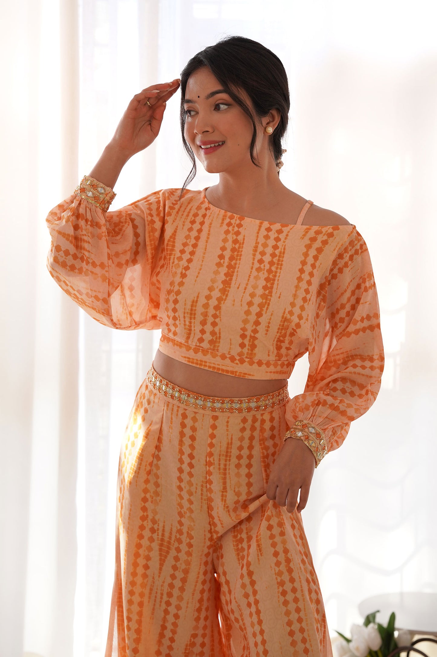 Orange Shibori Print Off-shoulder Top and Pant Co-ord Set