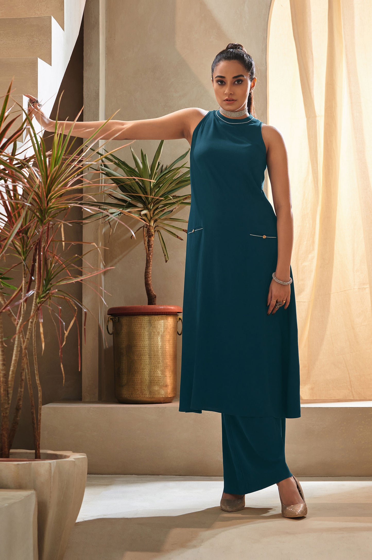 Teal Blue Halter Neck Kurta and Culottes Set With Front Pocket