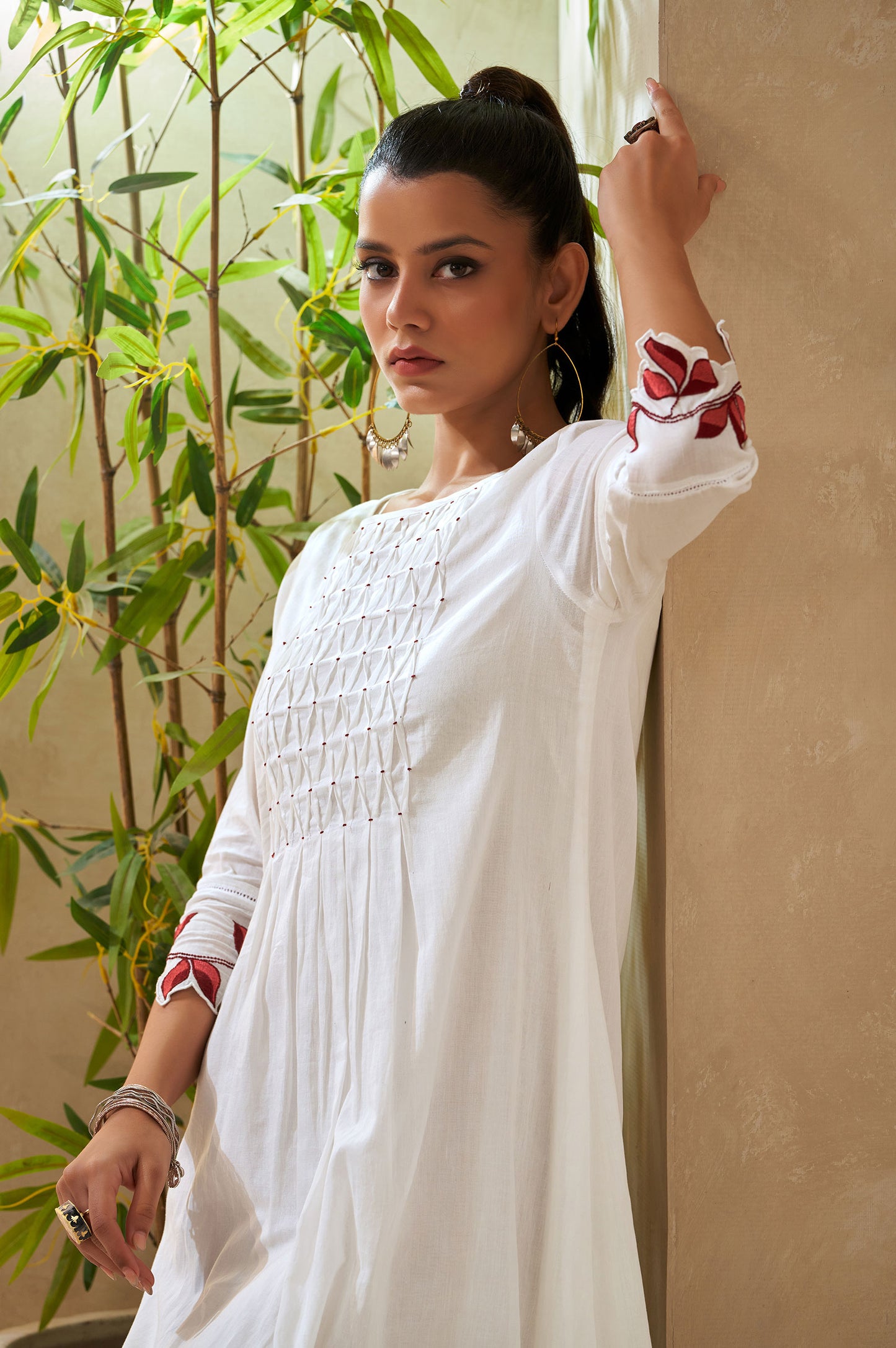 White Smocking Embellished Flared Kurta With Cut-work Sleeves