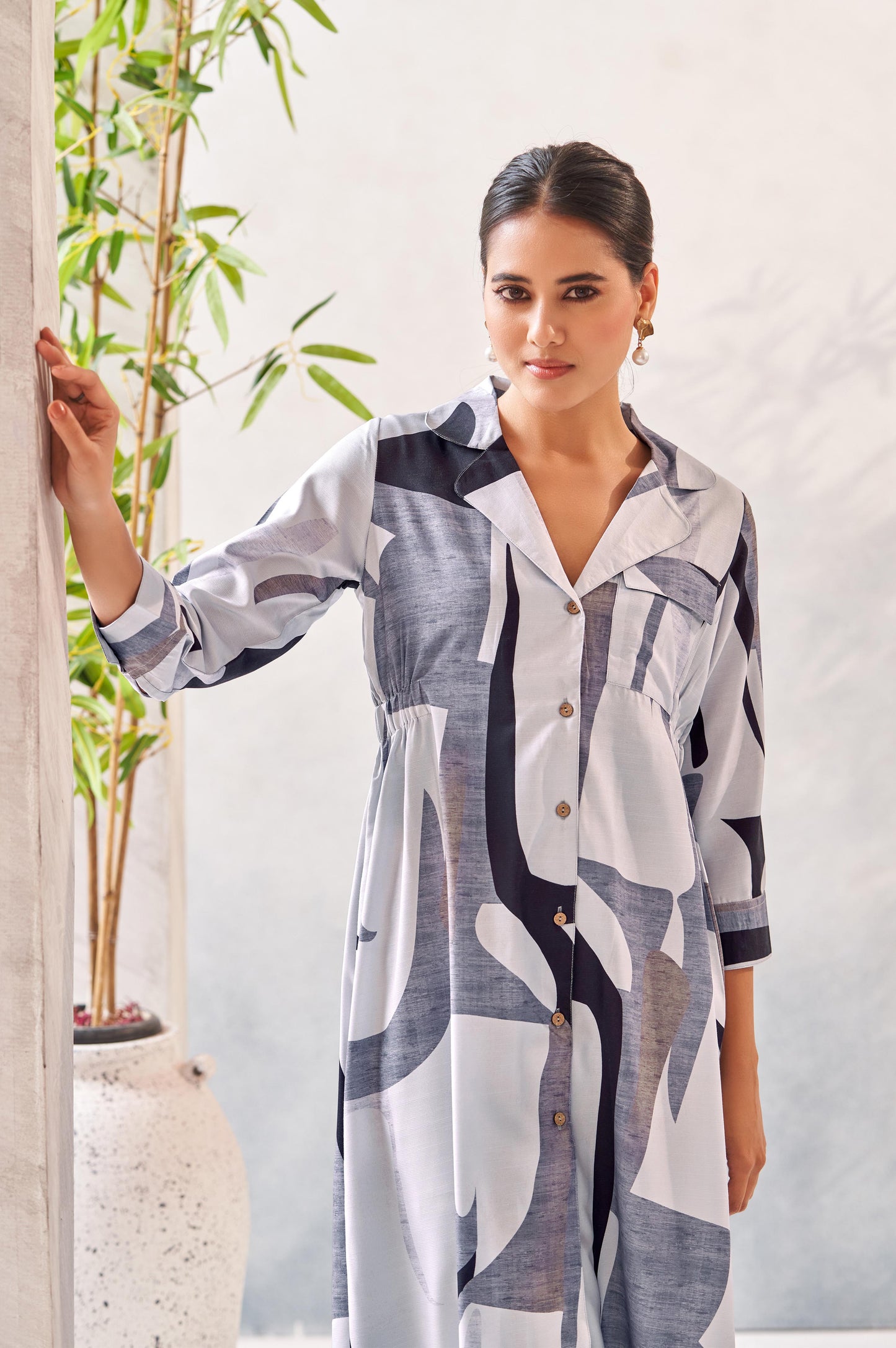 Grey Digital Print Shirt Collar Midi Dress
