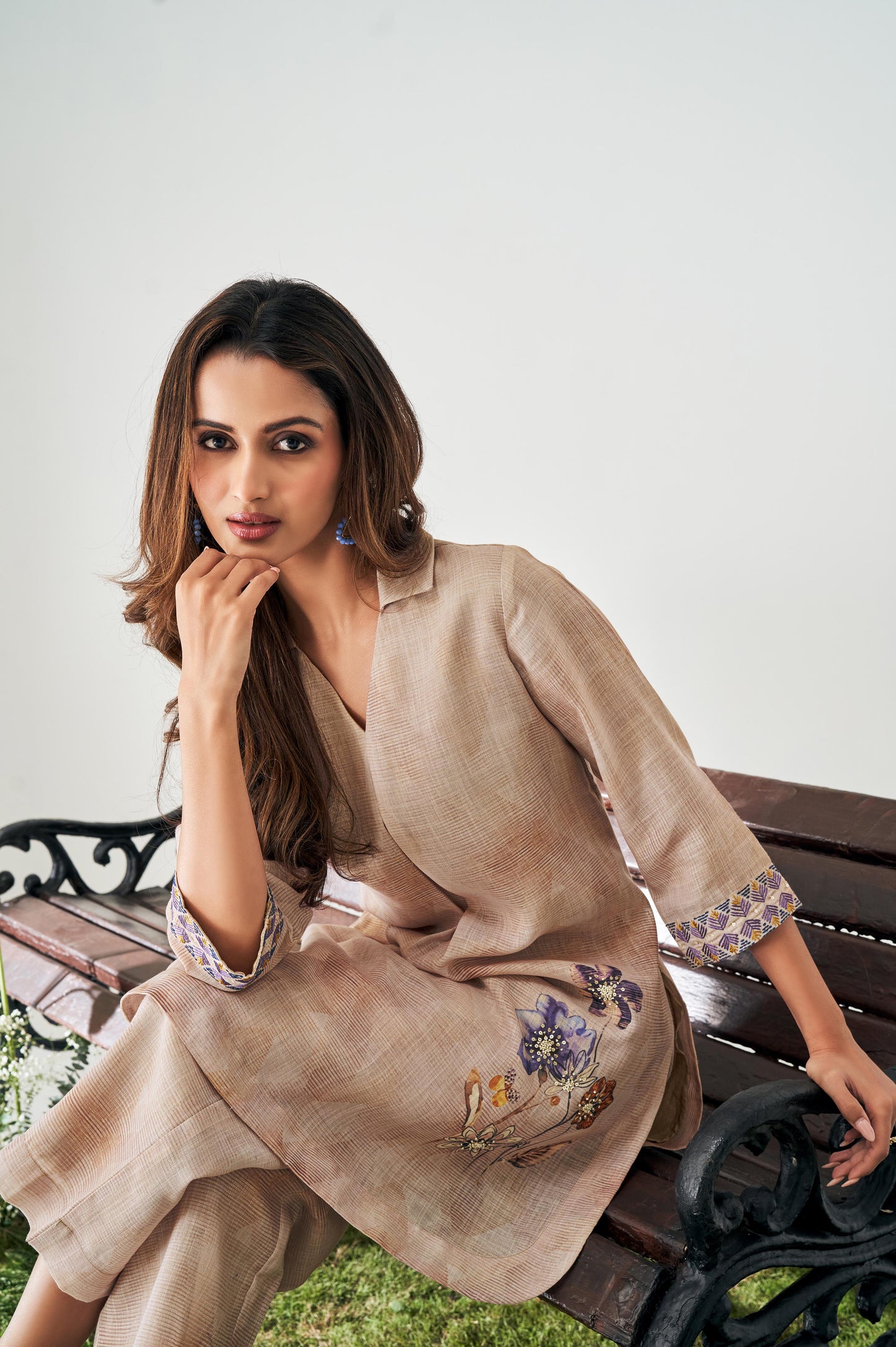 Beige Embroidered Digital Print Co-ord set