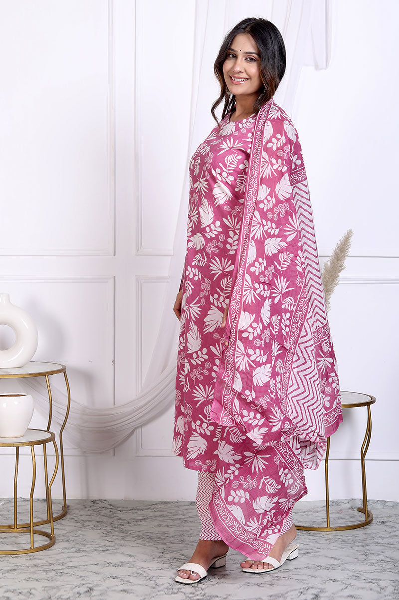 Pink Floral Printed Cotton Straight Fit Kurta Set With Dupatta