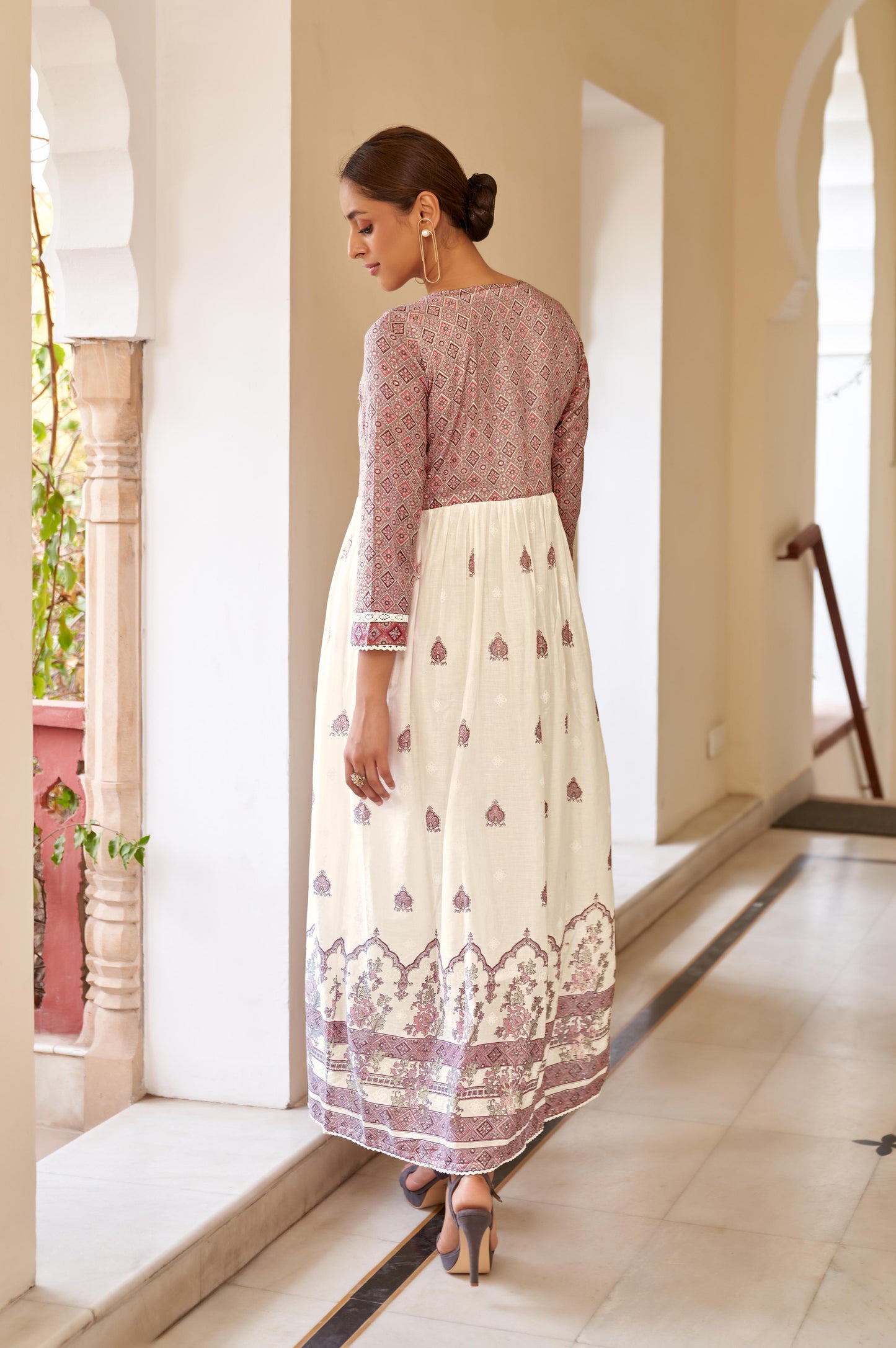 Pink Cotton Printed V Neck Dress