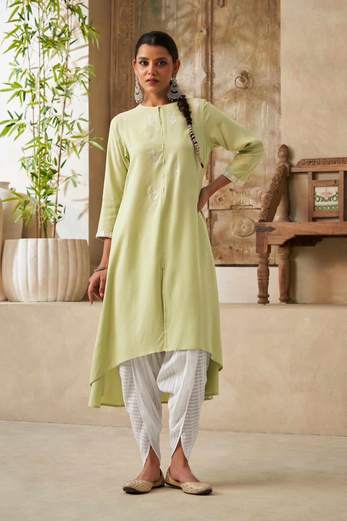 Light Green Thread and Sequin Work Straight Kurta and Dhoti Set