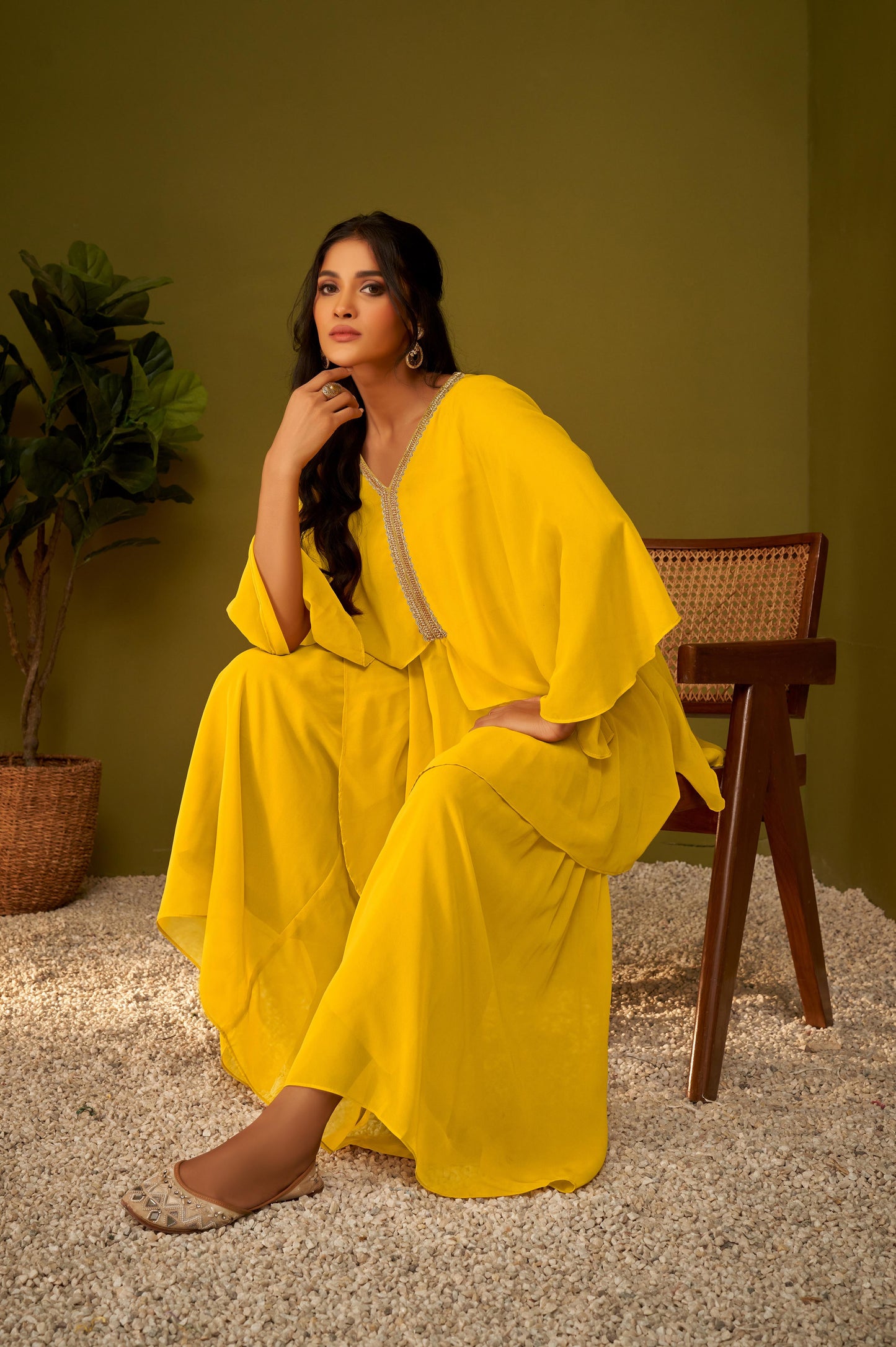 Mustard Draped and Flared Kurta and Sharara Set