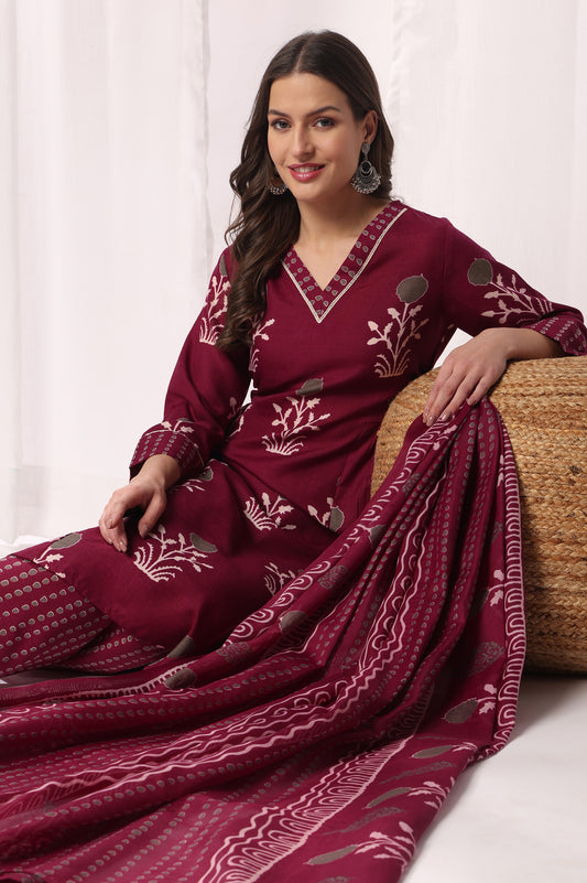 Wine Cotton Blend Floral Printed Kurta Set with Dupatta For Women