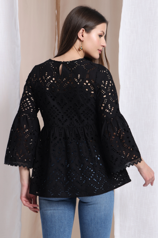 Black Mal Cotton schiffli Self Design Top