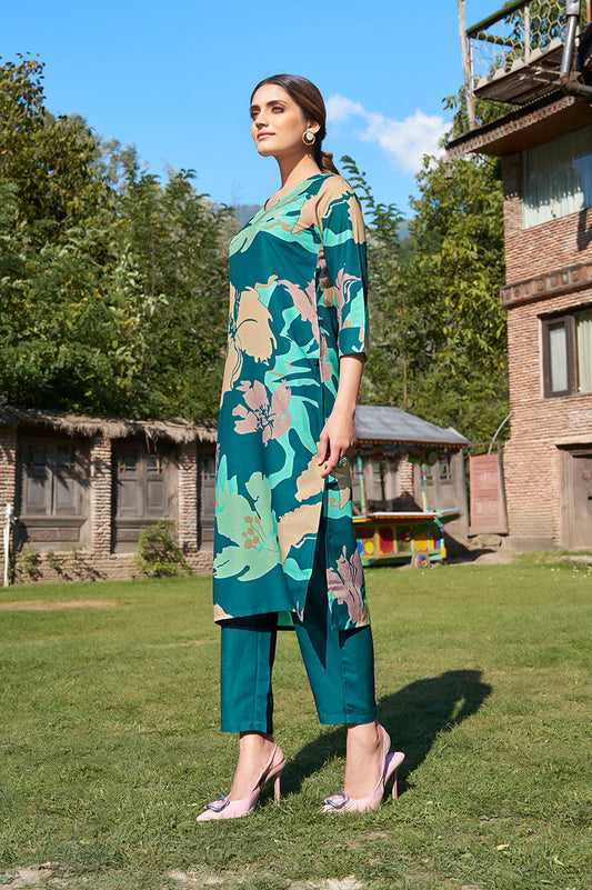 Turquoise Blue Floral Printed Pure Cotton Kurta With Trouser