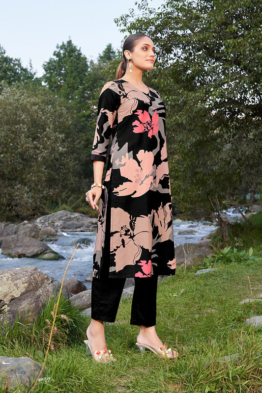 Black Floral Printed Pure Cotton Kurta With Trouser