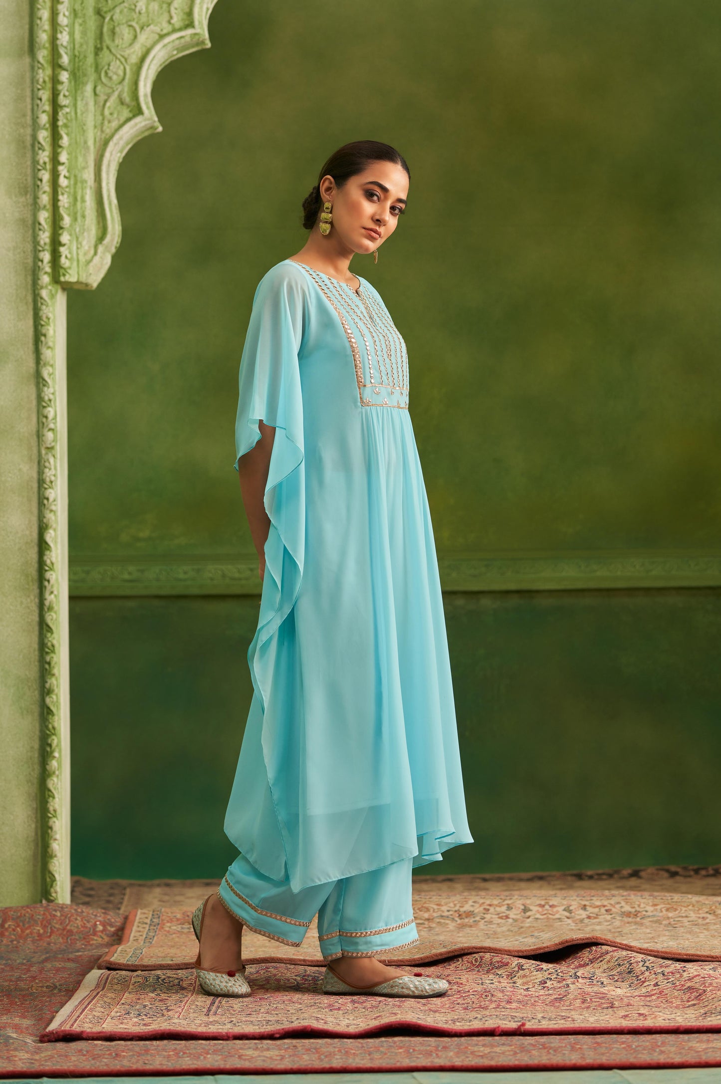 Sky Blue Embroidered Regular Mirror Work Kaftan