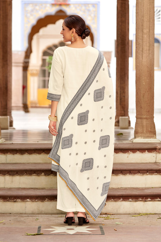 White Pure Cotton Jacquard Straight Kurta With Trousers And Dupatta