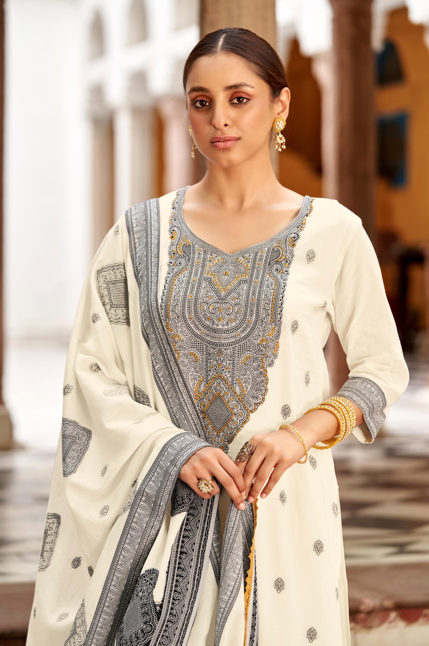 White Pure Cotton Jacquard Straight Kurta With Trousers And Dupatta