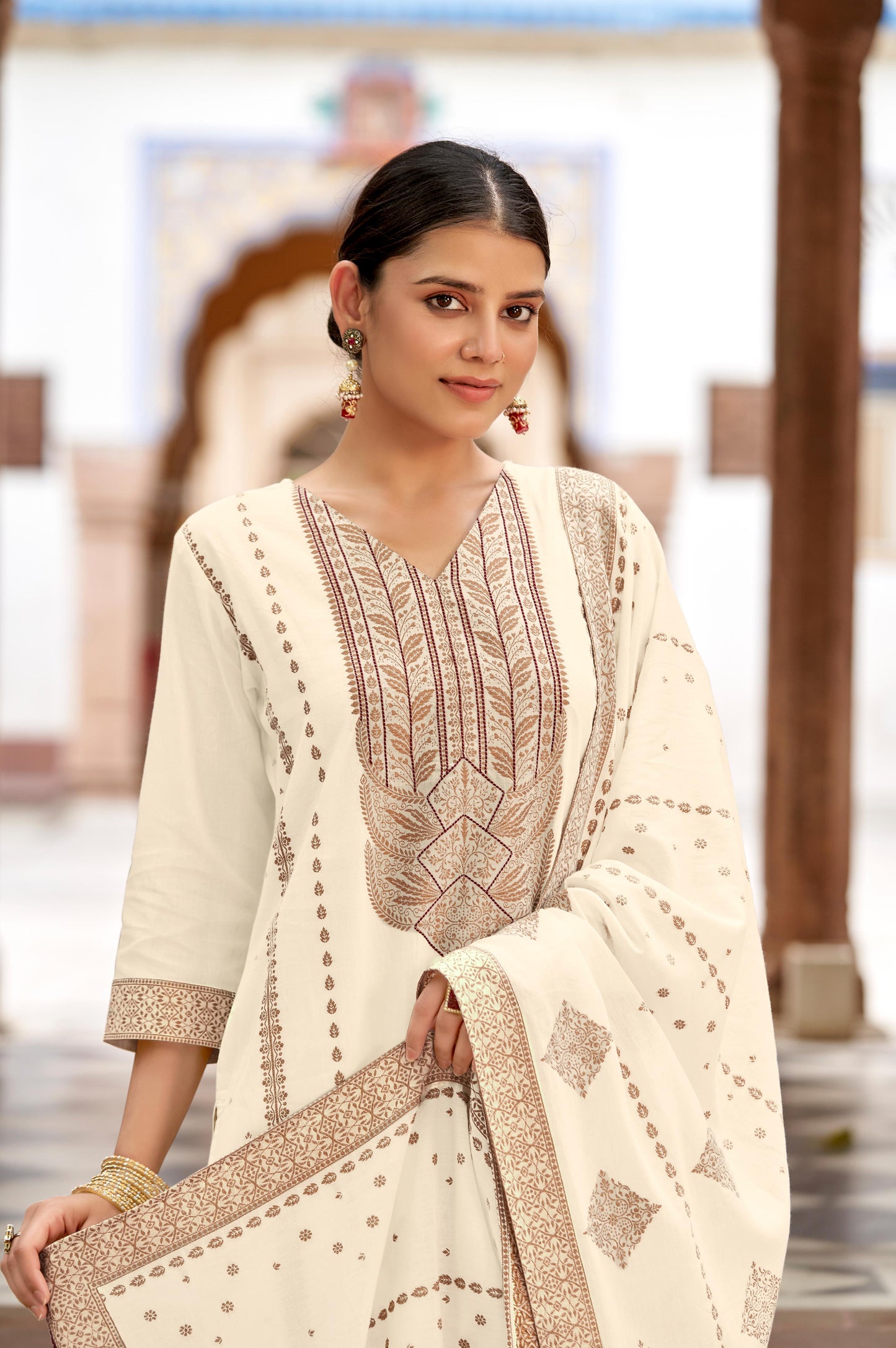 White Pure Cotton Jacquard Straight Kurta Set With Dupatta