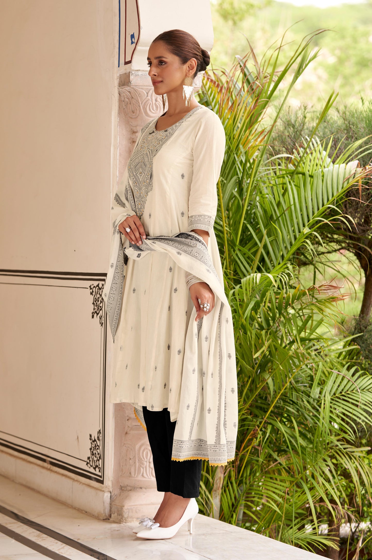 White Pure Cotton Jacquard Anarkali Kurta with Pyjamas & Dupatta