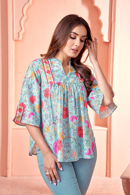 Blue Lotus Print Peplum Muslin Top