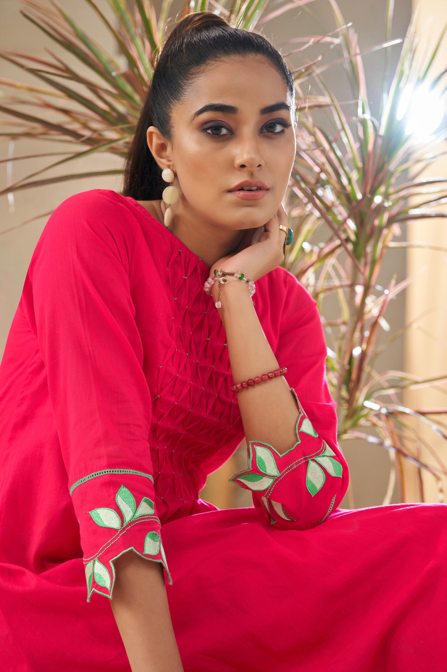 Bright Pink Smocking Embellished Flared Kurta With Cut-work Sleeves