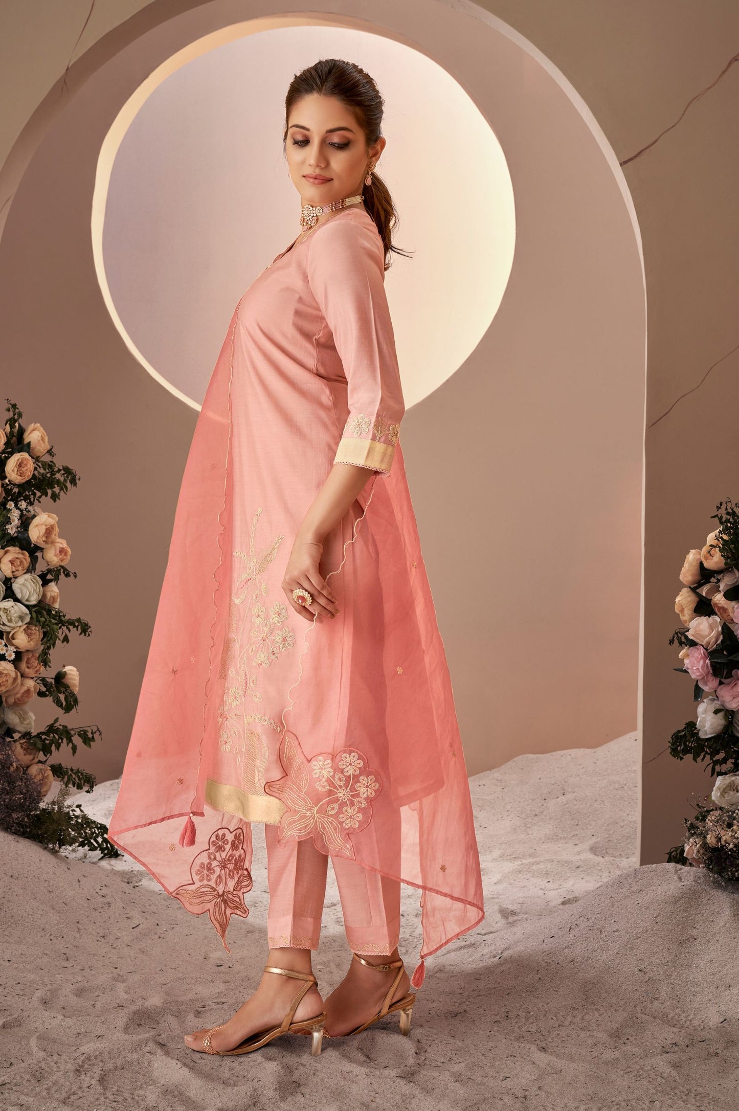 Pink Roman Silk Embroidered Kurta Set with Dupatta For Women