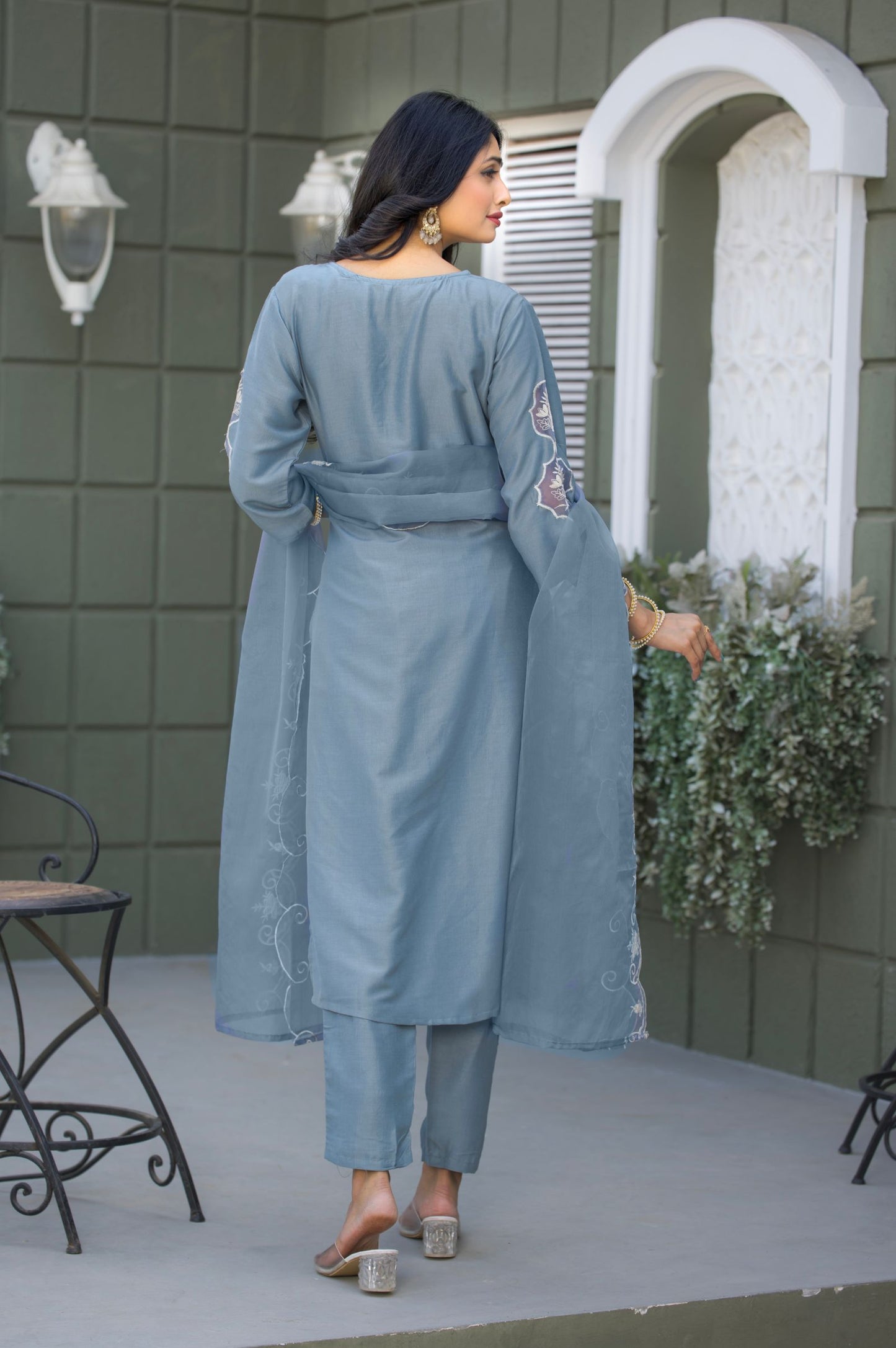 Light Blue Viscose Chinon Embroidered Kurta Set with Dupatta For Women