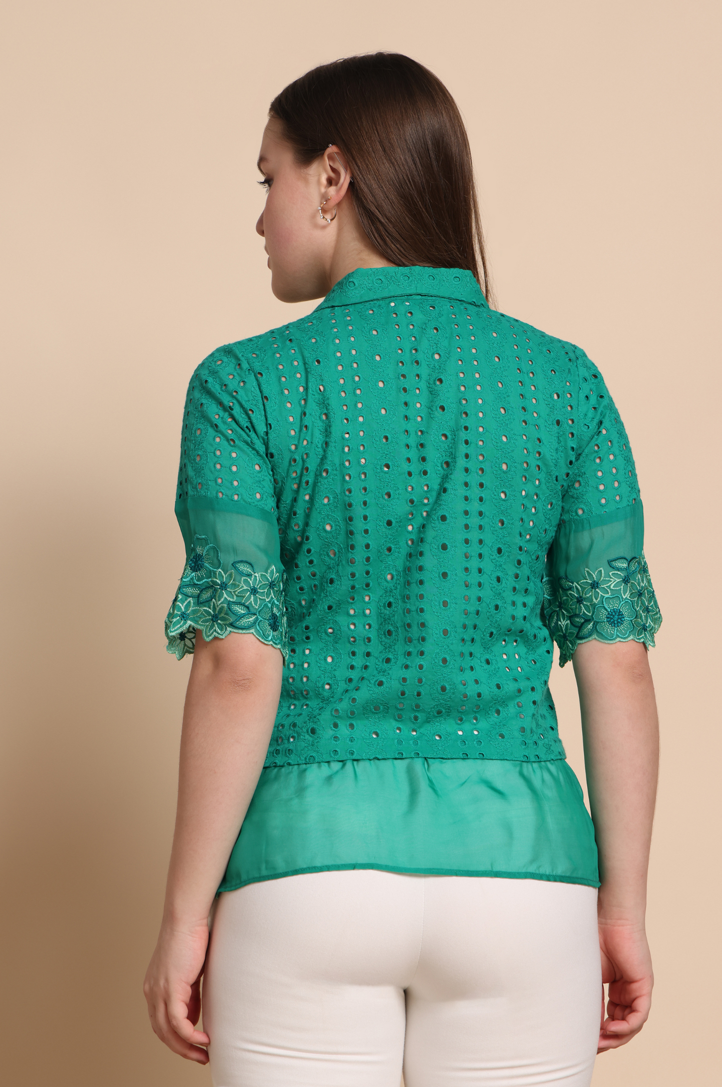 Green Mal Cotton Schiffli Self Design Shirt For Women