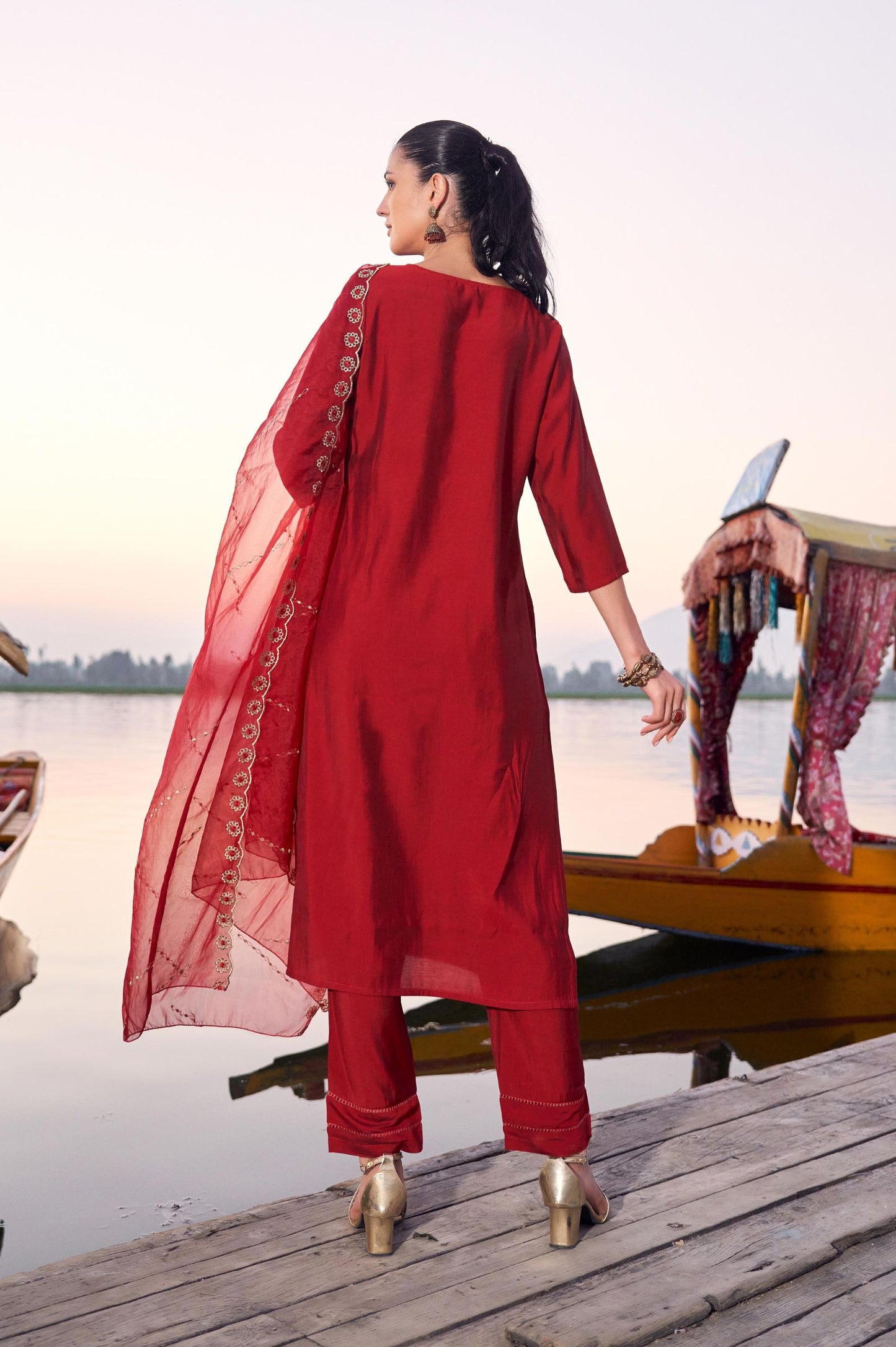 Red Roman Silk Embroidered Straight Kurta Set with Dupatta
