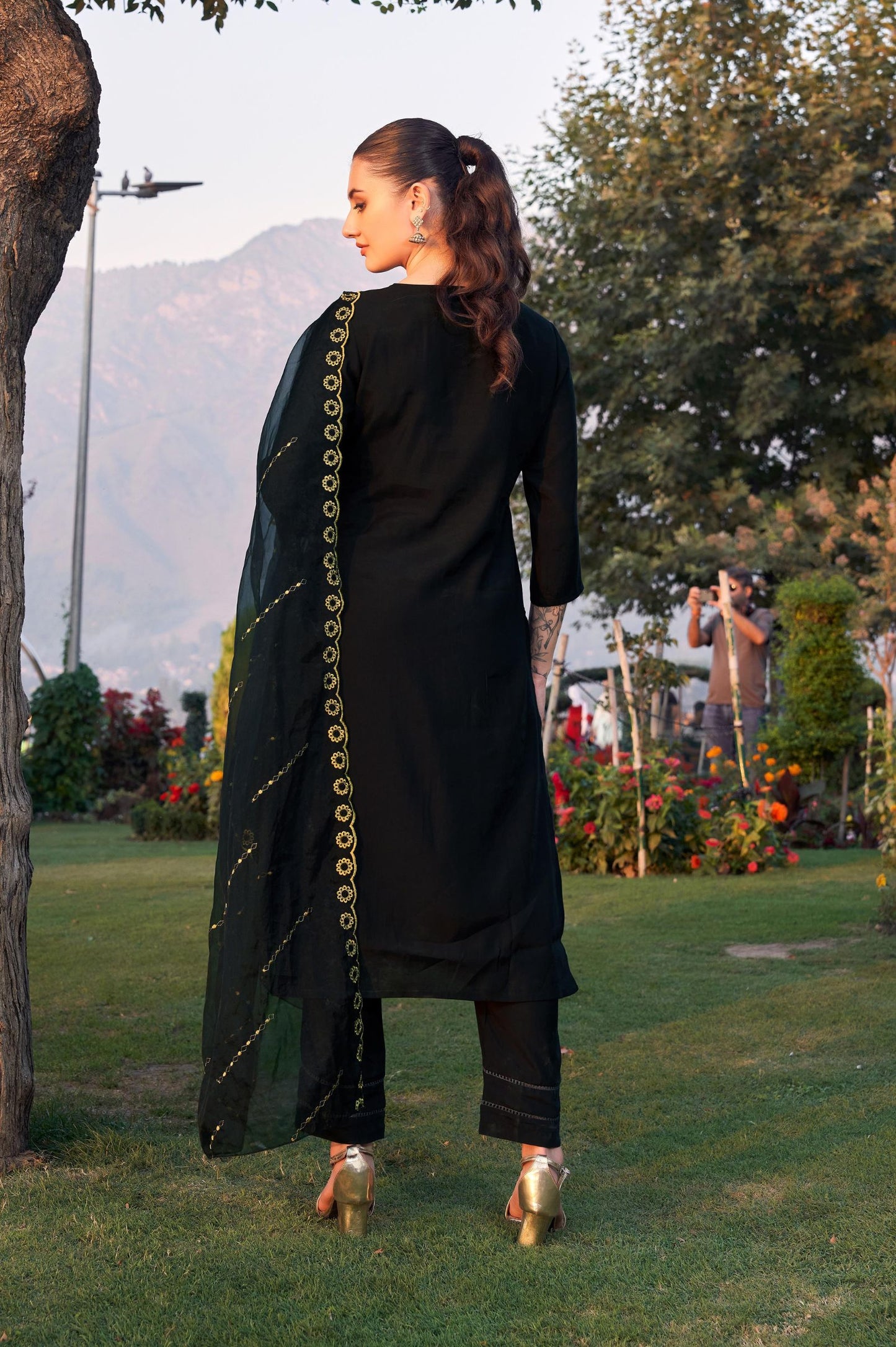 Black Roman Silk Embroidered Straight Kurta Set with Dupatta