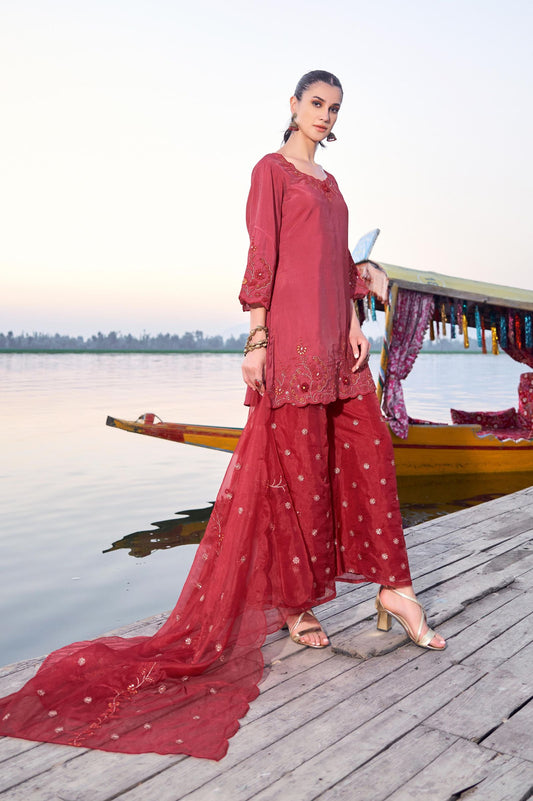 Red Roman Satin Embroidered Straight Kurta Set with Dupatta