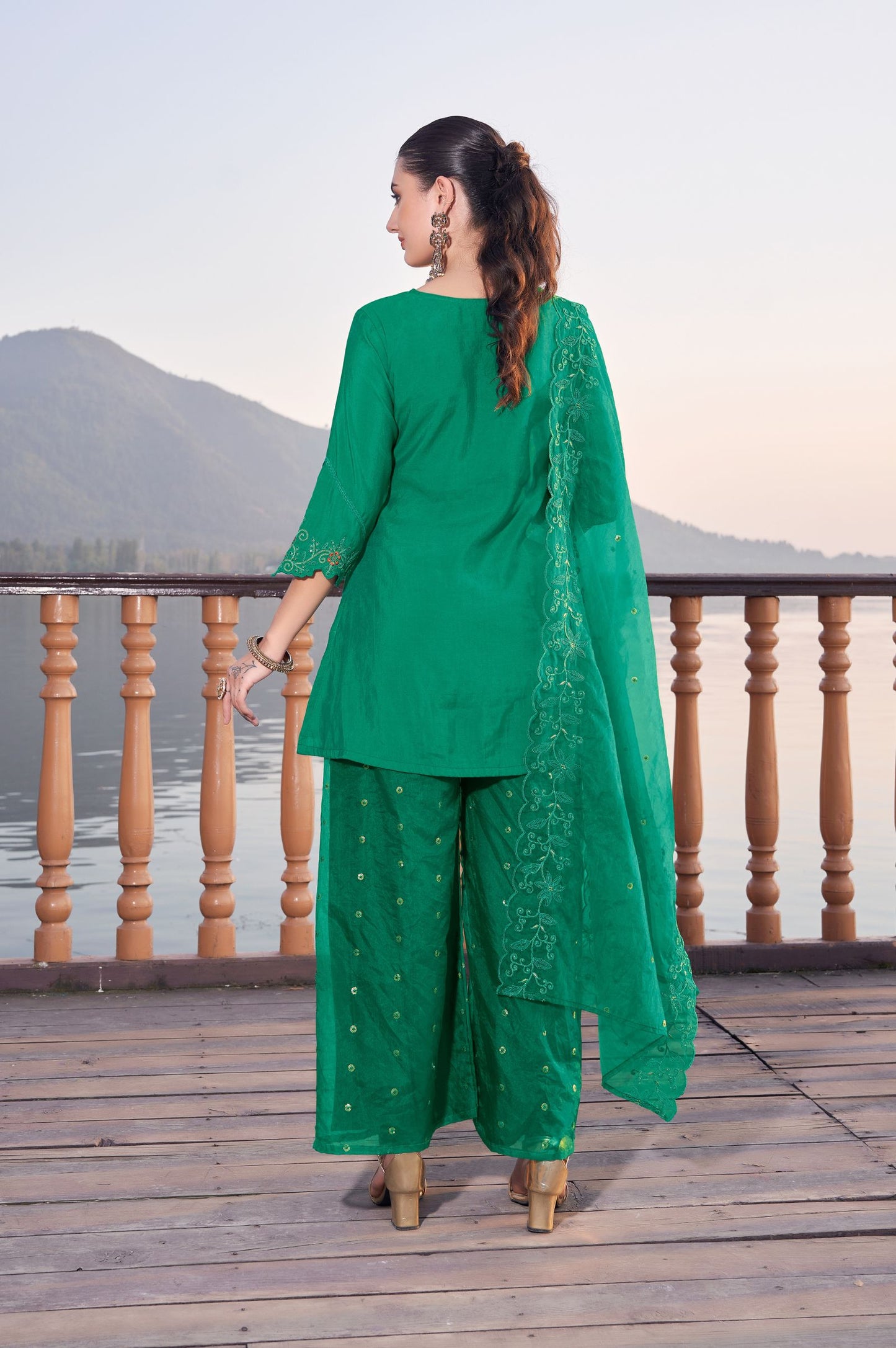 Green Roman Satin Embroidered Straight Kurta Set with Dupatta