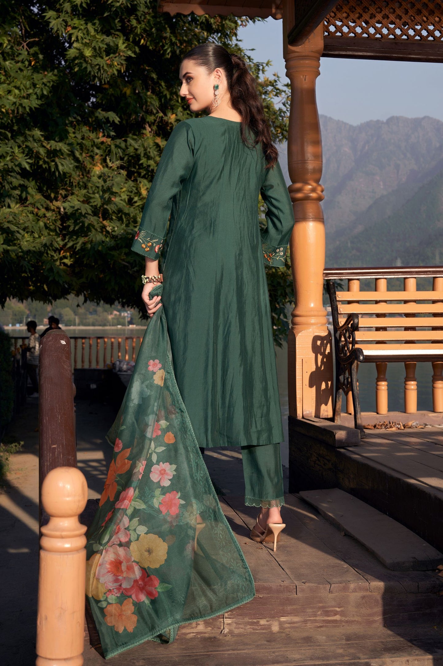 Dark Green Roman Silk Embroidered Kurta Set with Dupatta For Women